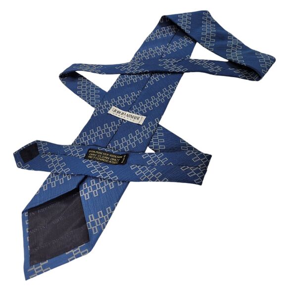 GIORGIO ARMANI Men's 100% Silk Necktie ITALY Designer Geometric Blue/Tan - Picture 2 of 7